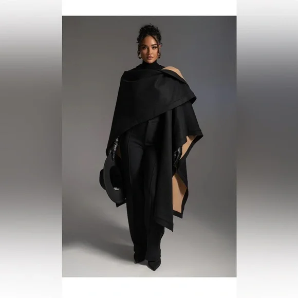 JLUXLABEL REVERSIBLE Tan and Black Women's Cape SHAWL/ COAT - Picture 2 of 16